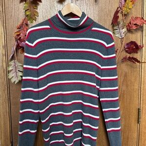 Lands' End Gray and Red Striped Turtleneck Sweater